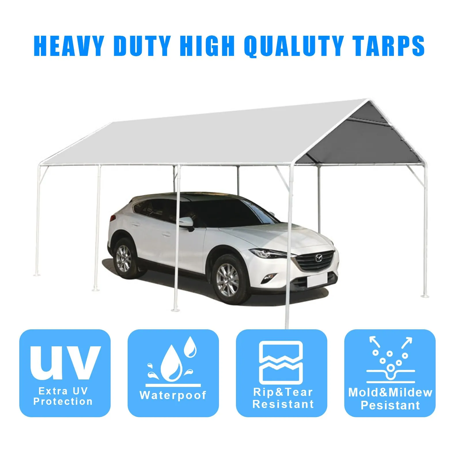 10 x 20 Ft Heavy Duty Carport Replacement Canopy Cover Waterproof & UV Protected Garage Top Tent Shelter Tarp Cover with 44 Ball Bungees Cords, Only Top Cover, Silver Grey