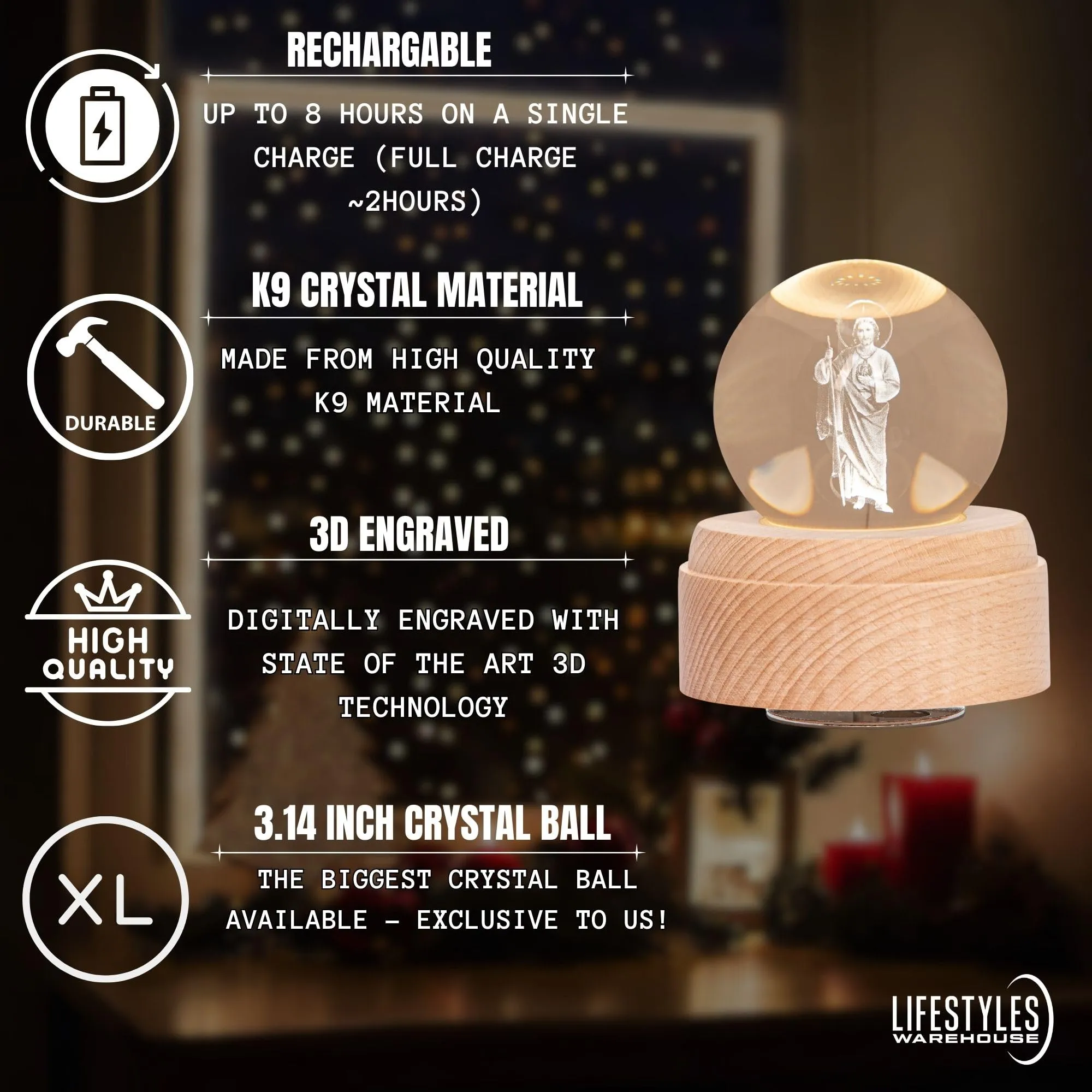 3D Crystal Ball Music Box Luxurious LED Projection Rotating Wood Base Rechargeable San Judas Tadeo, Virgin Mary for Adults and Kids Plays Spirited Away (San Judas (St. Jude))