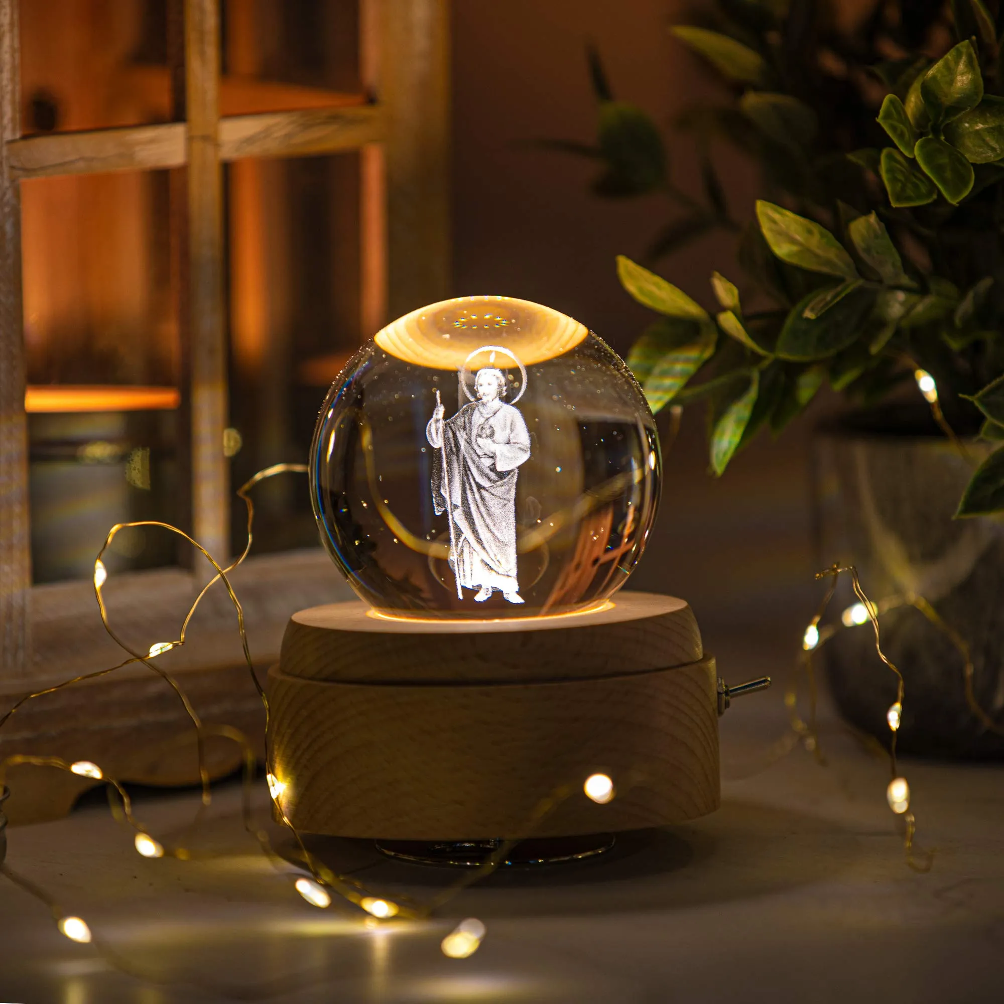 3D Crystal Ball Music Box Luxurious LED Projection Rotating Wood Base Rechargeable San Judas Tadeo, Virgin Mary for Adults and Kids Plays Spirited Away (San Judas (St. Jude))