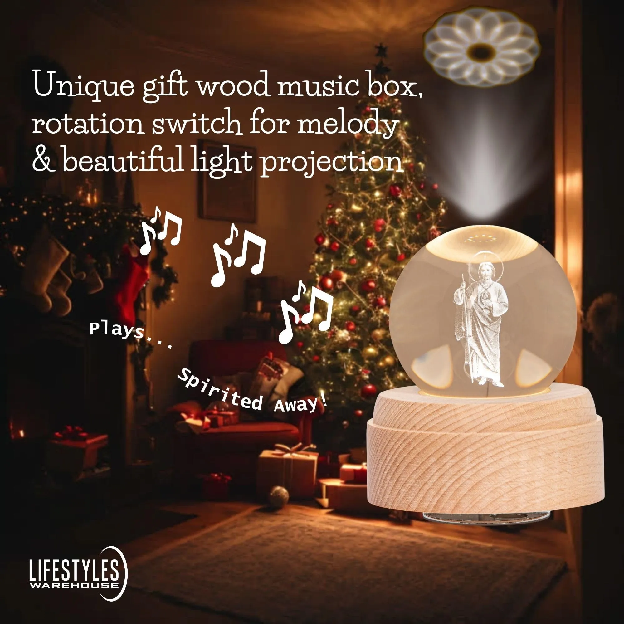 3D Crystal Ball Music Box Luxurious LED Projection Rotating Wood Base Rechargeable San Judas Tadeo, Virgin Mary for Adults and Kids Plays Spirited Away (San Judas (St. Jude))