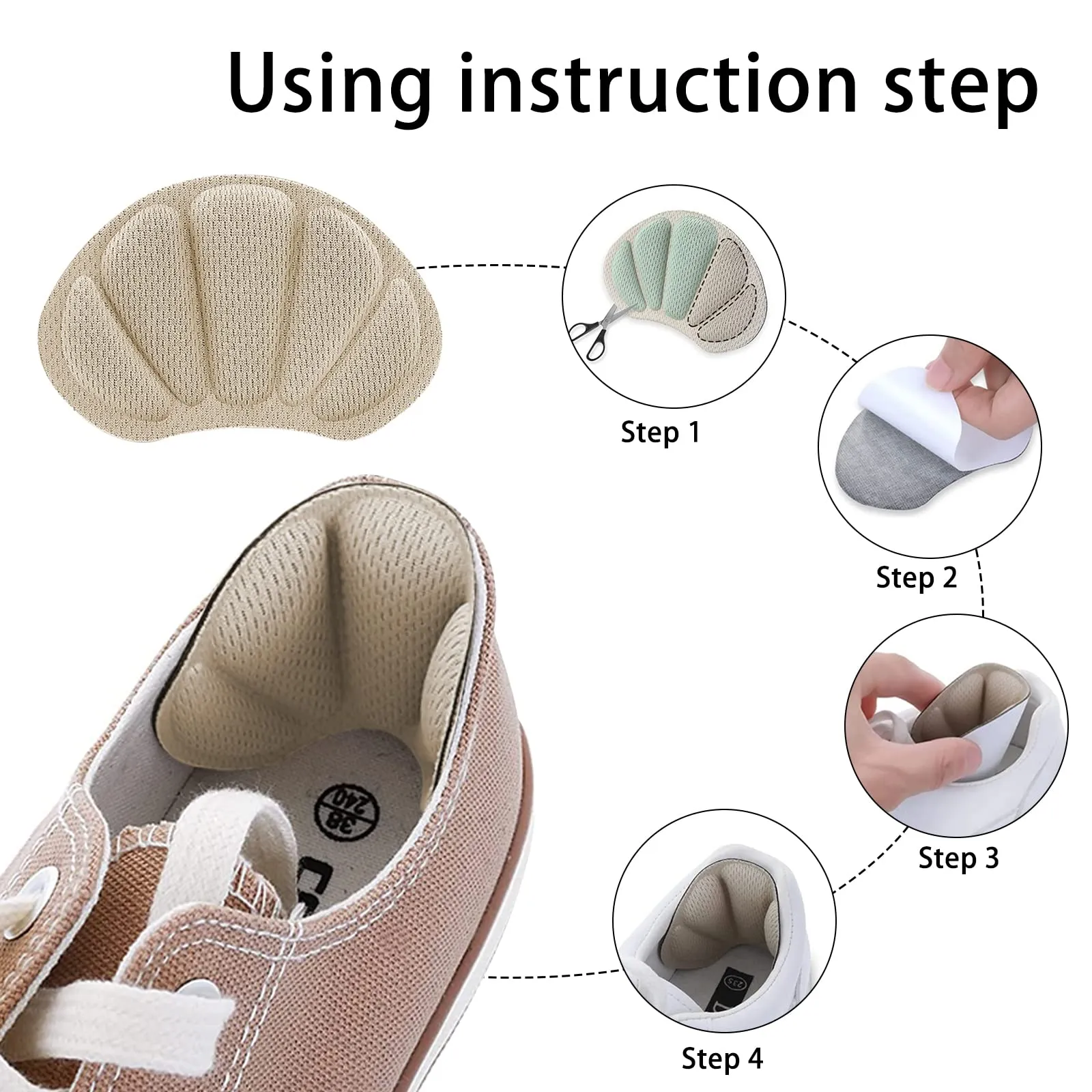 4 Pairs Heel Grips Shoe, Heel Cushion Pads Set for Shoes Too Big Heel Grips Shoe Pads Inserts Liner Self (Beige)