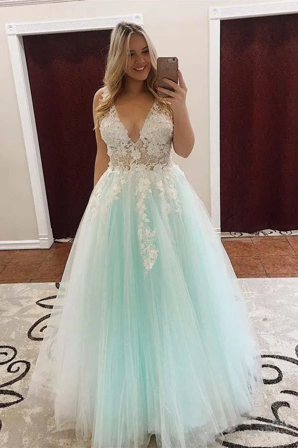 A-line V Neck Pink Tulle Prom Dresses Evening Dresses With Lace Applique PG728