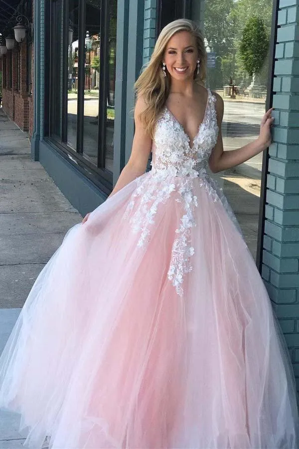 A-line V Neck Pink Tulle Prom Dresses Evening Dresses With Lace Applique PG728