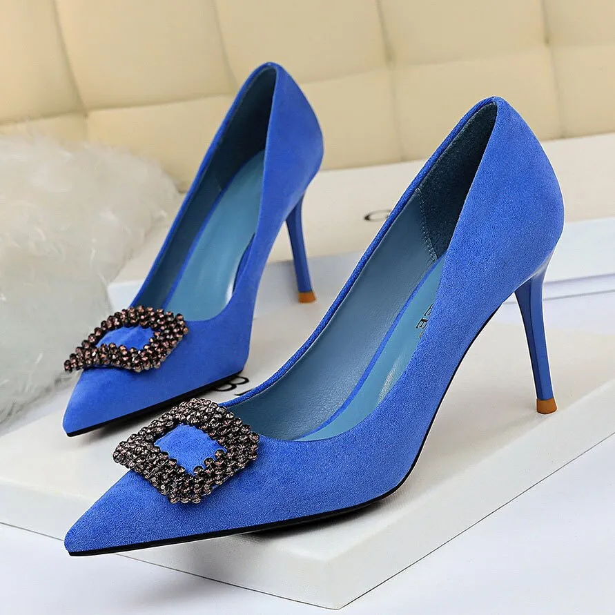 Amozae-2024 Women 8.5cm High Heels Blue Pumps Pointed Toe Elegant Lady Shoes Crystal Scarpins Yellow Prom Jeans Wedding Bridal Heels