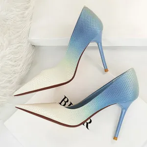 Amozae-2024 Women 9.5cm High Heels Silk Blue Weave Pumps Lady Gradient Color Satin Heels Girls Scarpins Fetish Bride Pink Fetish Shoes