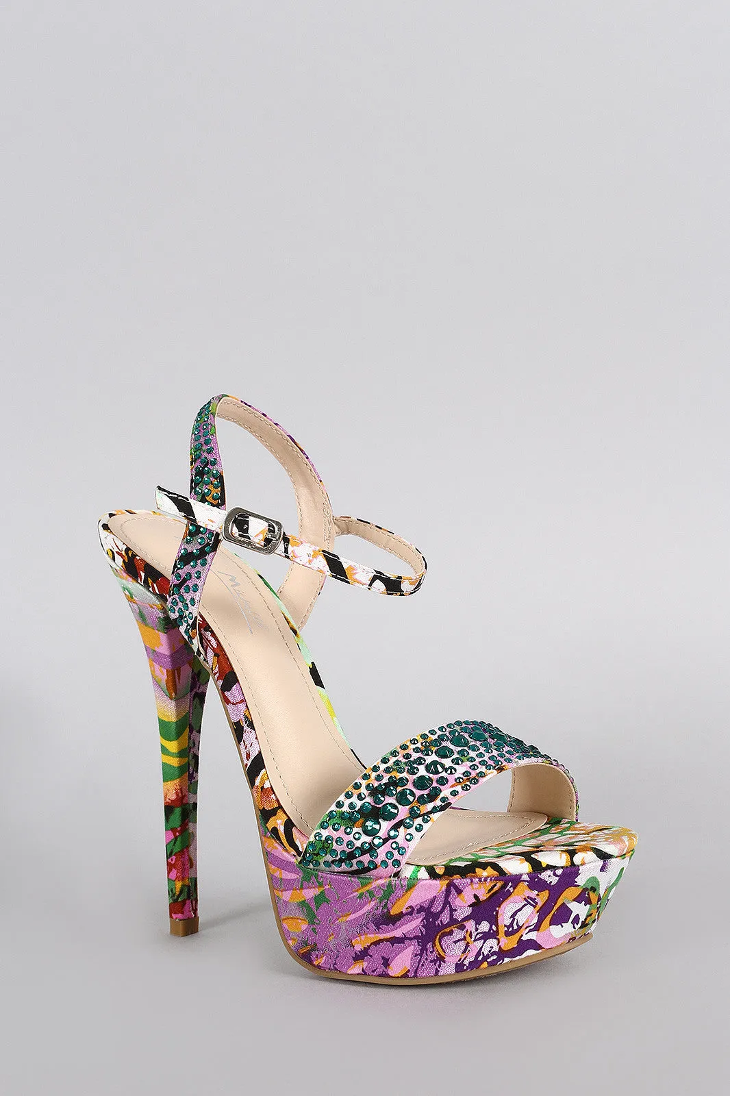 Anne Michelle Rhinestone Mixed Print Ankle Strap Platform Heel