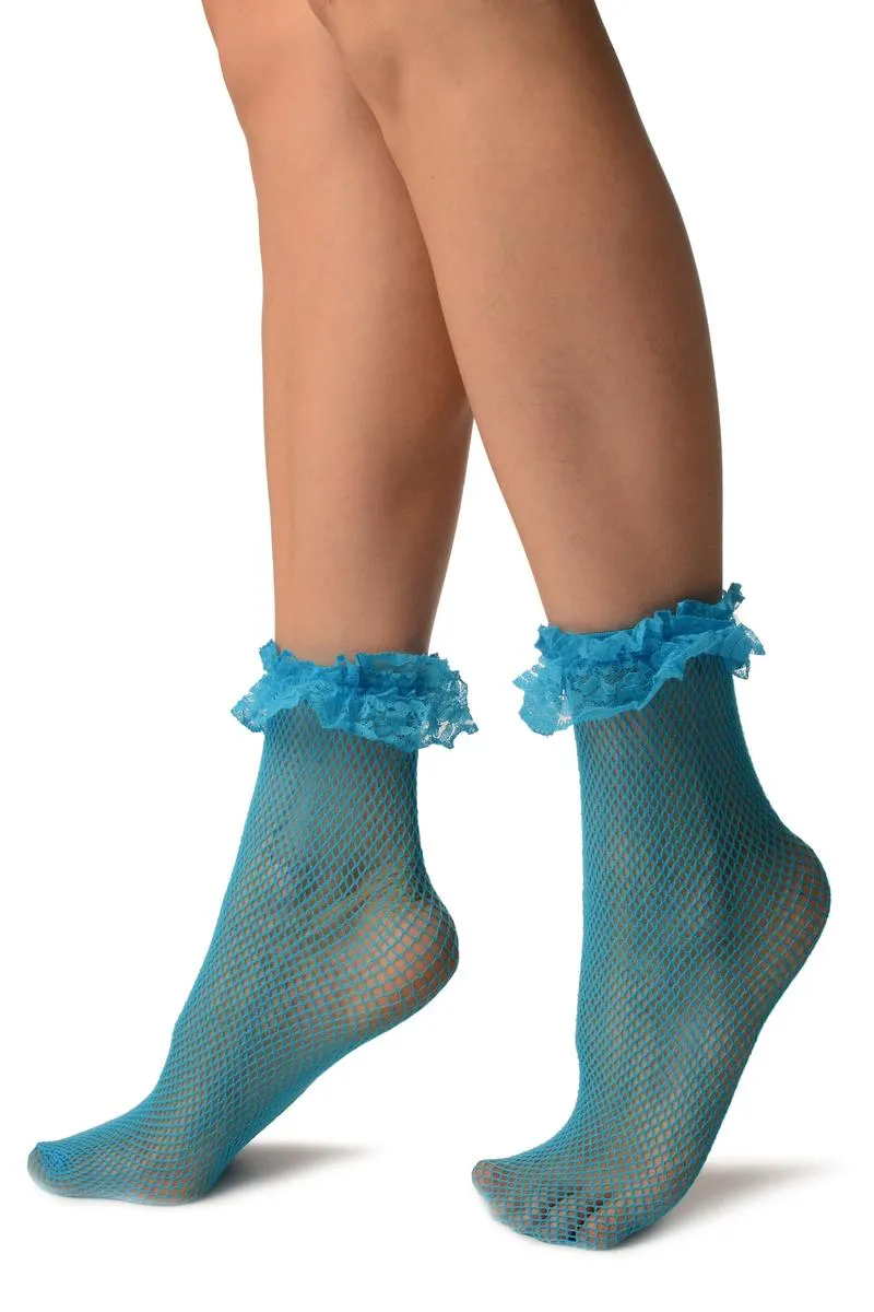 Azure Blue Fishnet With Ruffle Ankle High Socks