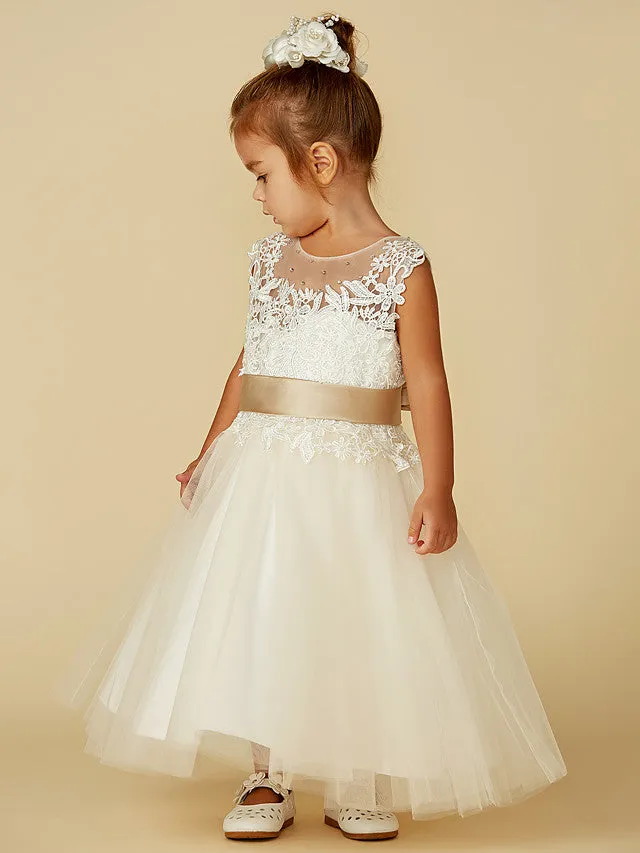 Ball Gown Lace Tulle Sleeveless Jewel Neck Wedding Party Pageant Flower Girl Dresses