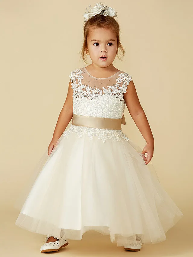 Ball Gown Lace Tulle Sleeveless Jewel Neck Wedding Party Pageant Flower Girl Dresses