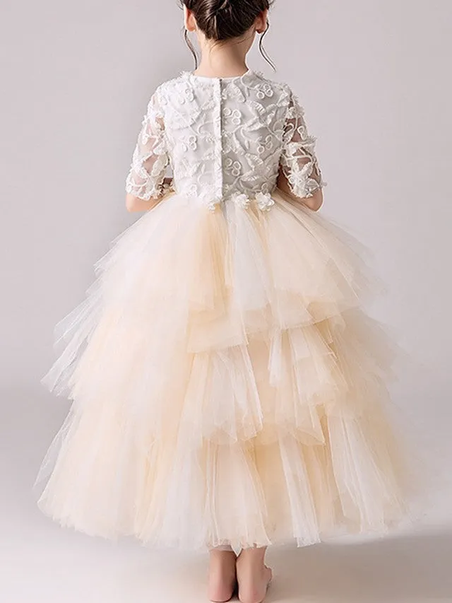 Ball Gown Tulle Jewel Neck Pageant Flower Girl Dresses With Sleeves