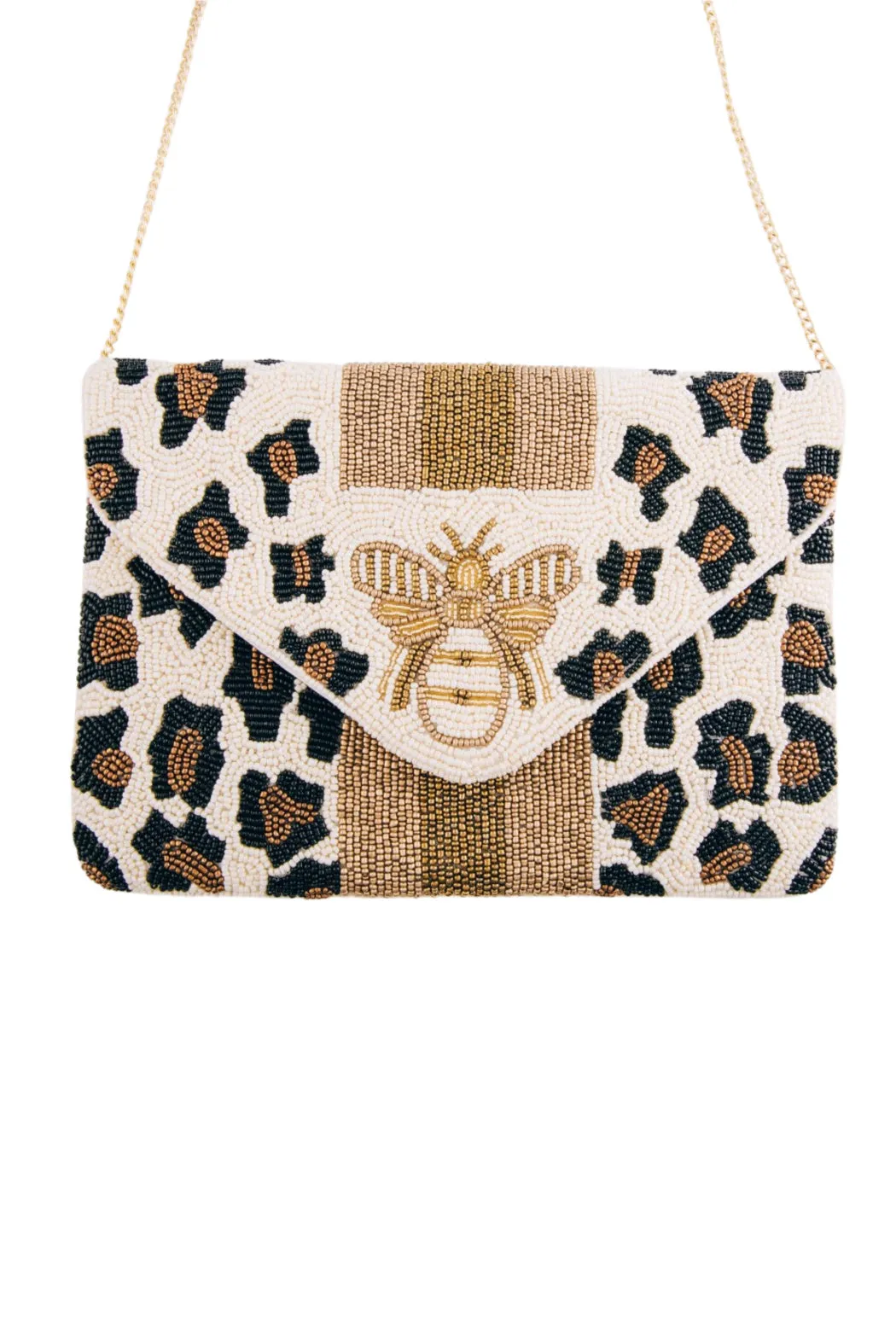 Beige Animal Print Bee Beaded Bag