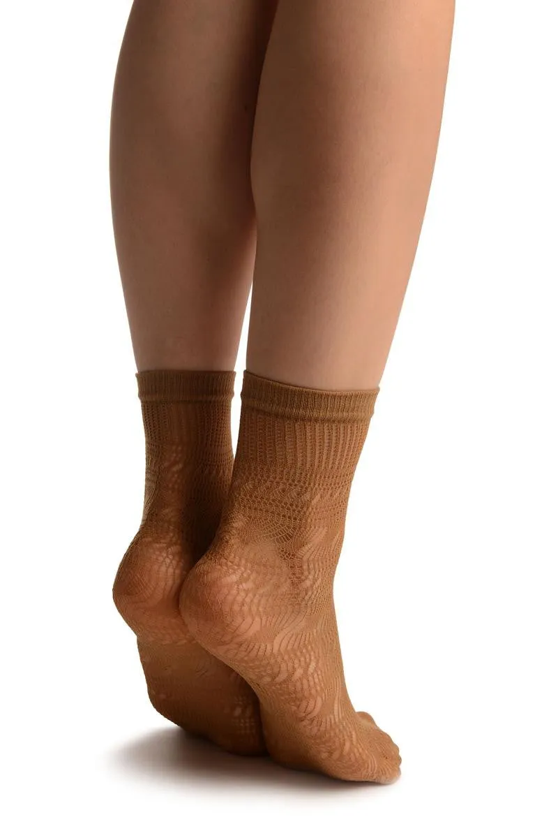 Beige Crochet Layered Lace Top Ankle High Socks