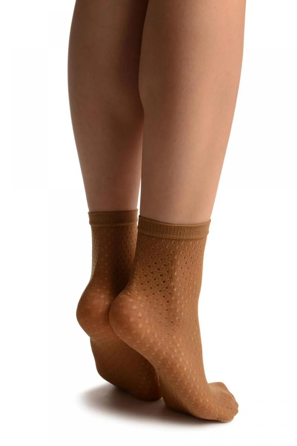 Beige Crochet Polka Dots Lace Top Ankle High Socks