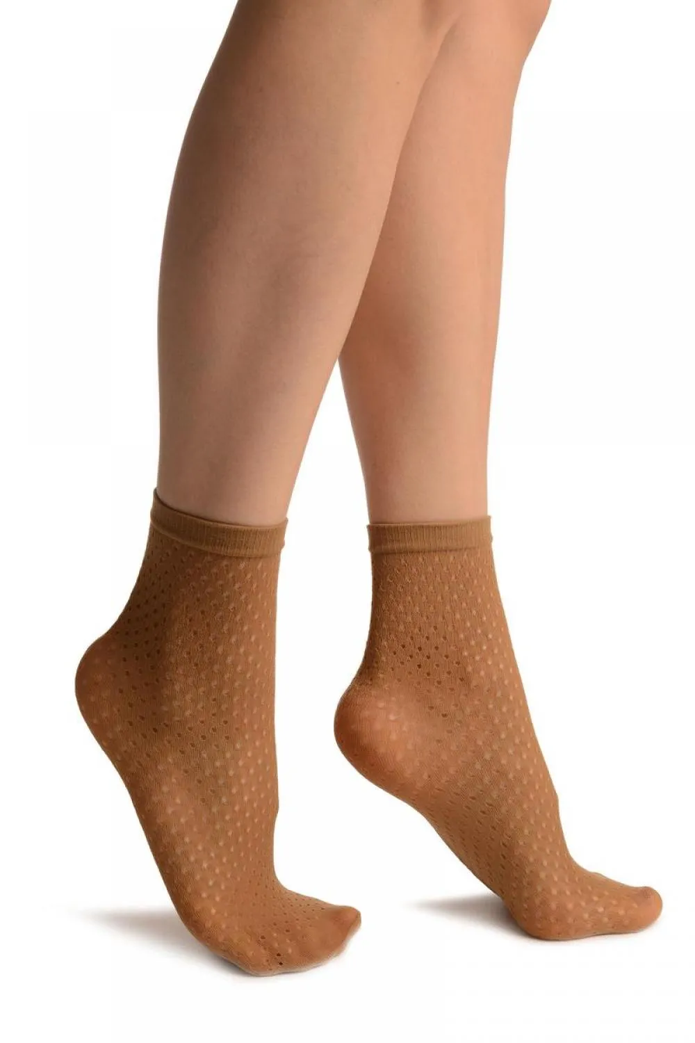 Beige Crochet Polka Dots Lace Top Ankle High Socks