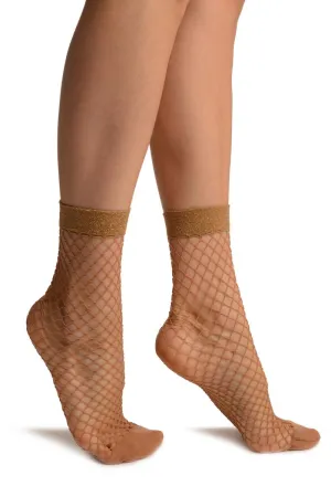 Beige Fishnet With Gold Lurex Ankle High Socks