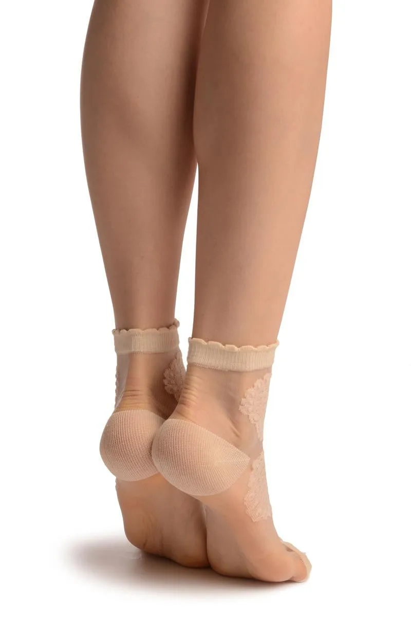 Beige Hearts On Invisible Mesh Ankle High Socks