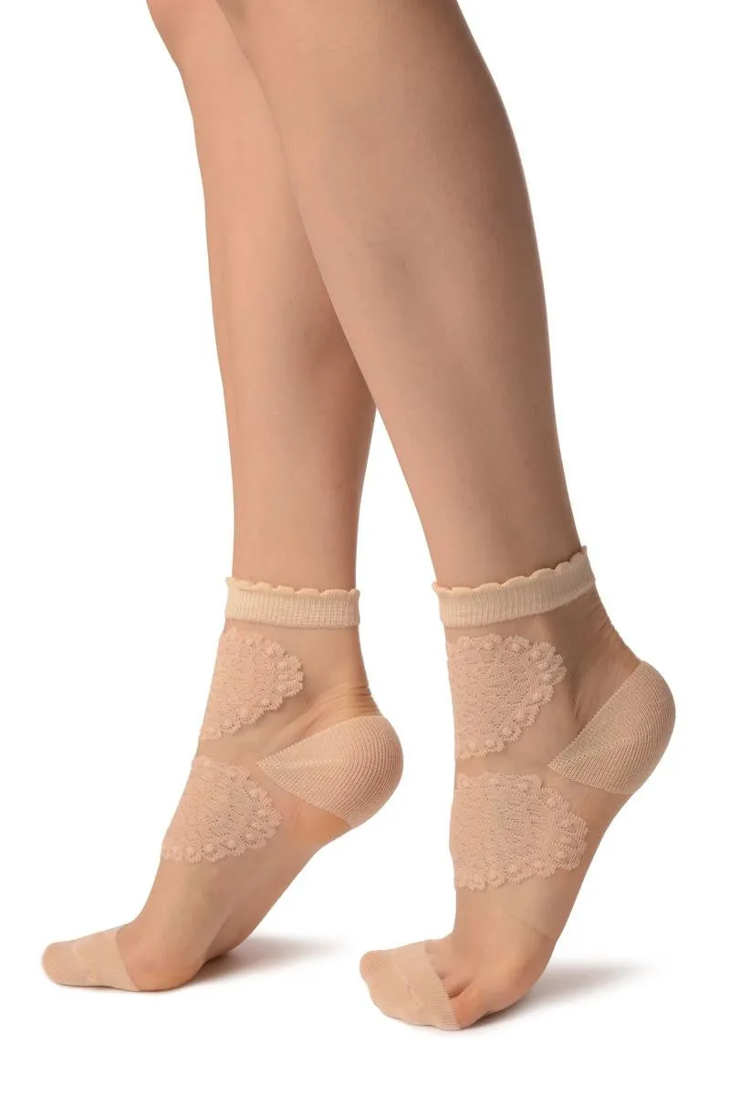 Beige Hearts On Invisible Mesh Ankle High Socks