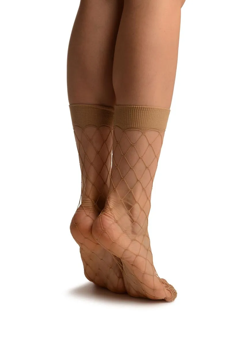 Beige Large Fishnet With Wide Top & Reinforced Toe Ankle High Socks