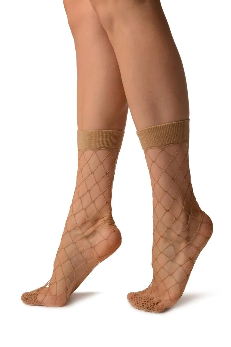 Beige Large Fishnet With Wide Top & Reinforced Toe Ankle High Socks