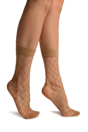 Beige Large Fishnet With Wide Top & Reinforced Toe Ankle High Socks