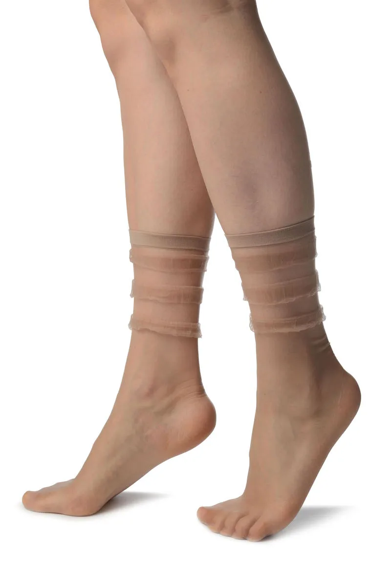 Beige With Elegant Frills Ankle High Socks