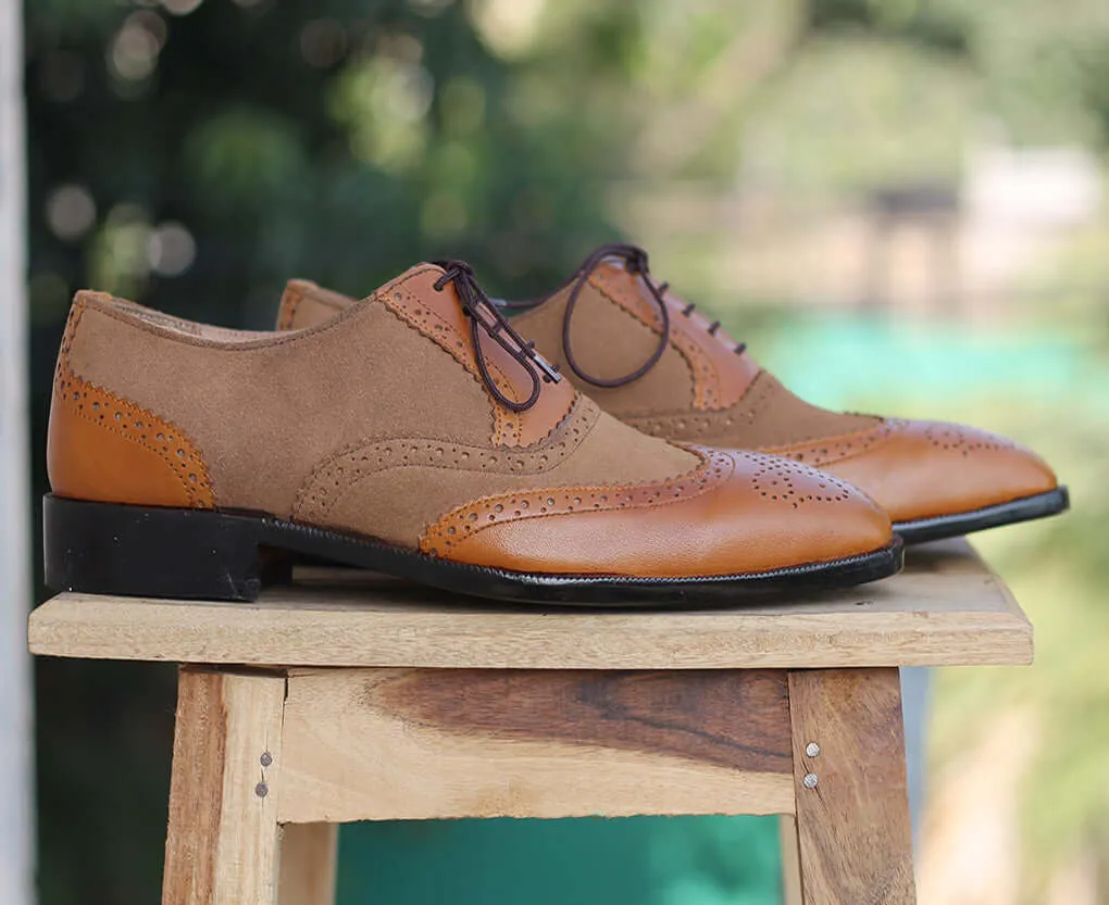 Bespoke Brown & Tan Suede Wing Tip Brogue Toe Lace Up Shoe for Men