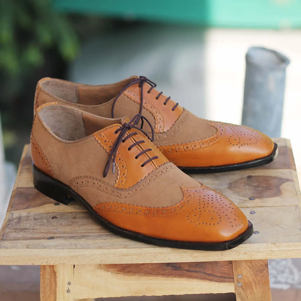 Bespoke Brown & Tan Suede Wing Tip Brogue Toe Lace Up Shoe for Men