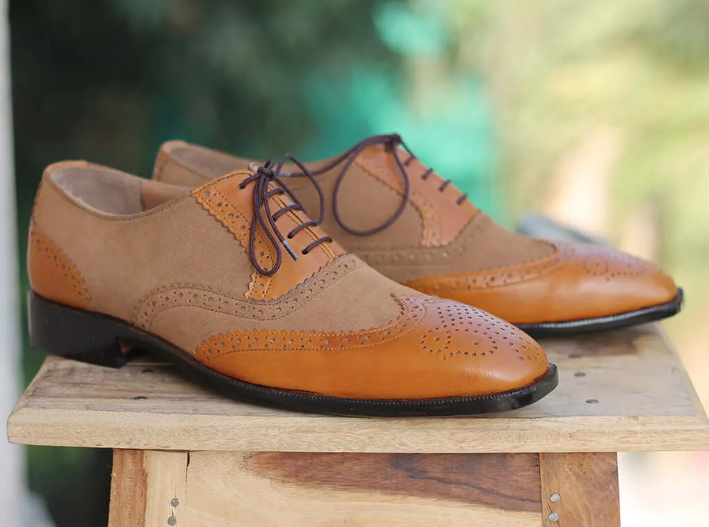 Bespoke Brown & Tan Suede Wing Tip Brogue Toe Lace Up Shoe for Men