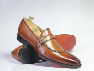 Bespoke Tan Leather Loafer Monk Strap Shoes for Men's