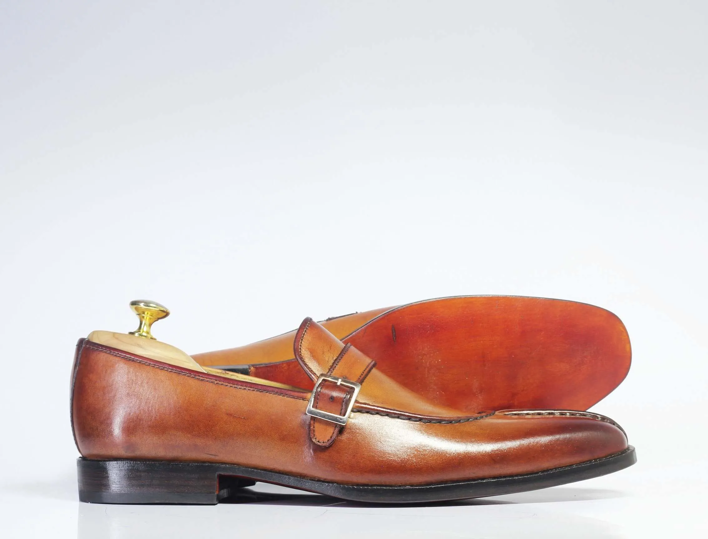 Bespoke Tan Leather Loafer Monk Strap Shoes for Men's