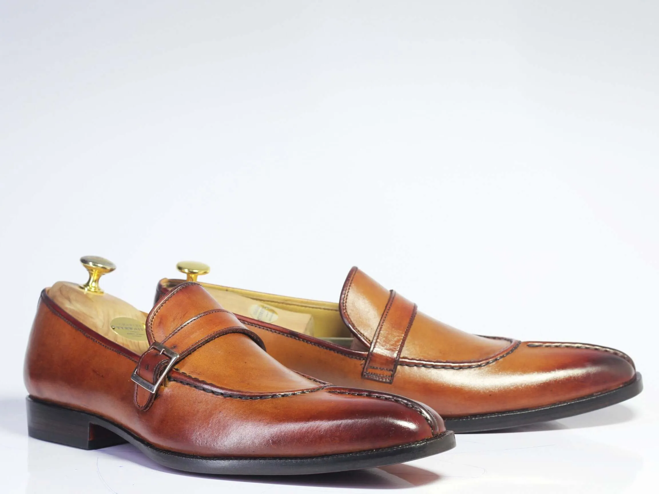 Bespoke Tan Leather Loafer Monk Strap Shoes for Men's