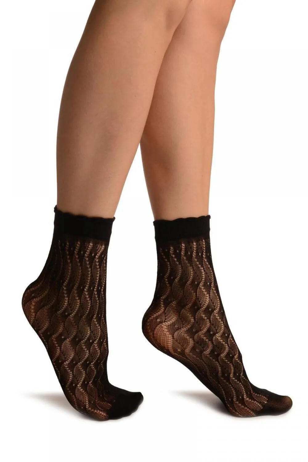 Black Crochet Waves Lace Top Ankle High Socks