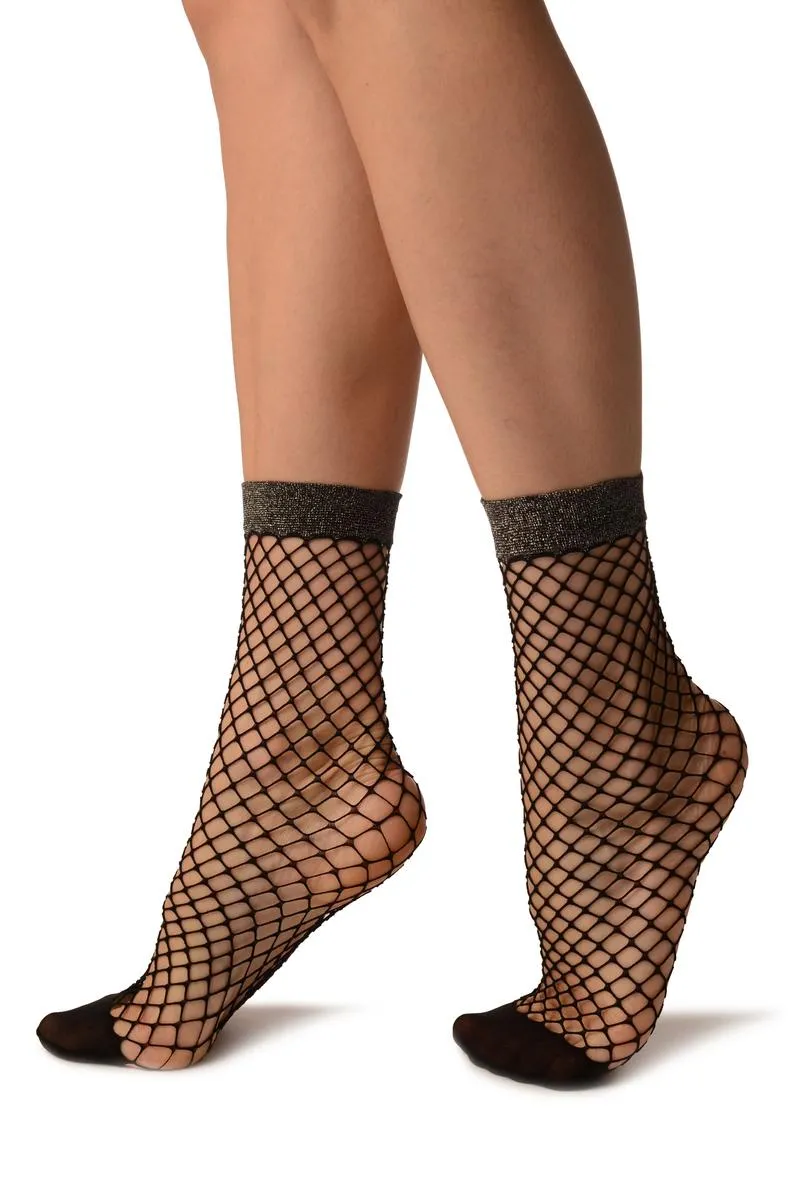 Black Fishnet With Silver Lurex Ankle High Socks