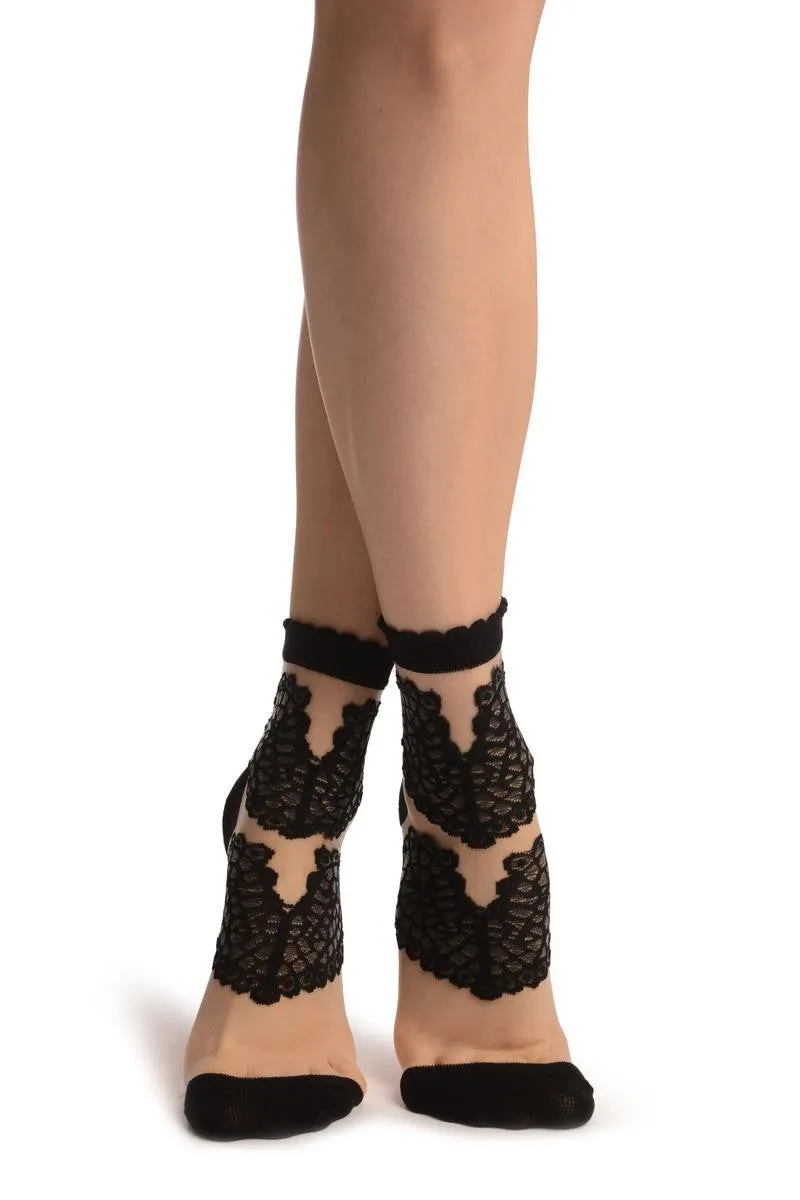 Black Pink Hearts On Invisible Mesh Ankle High Socks