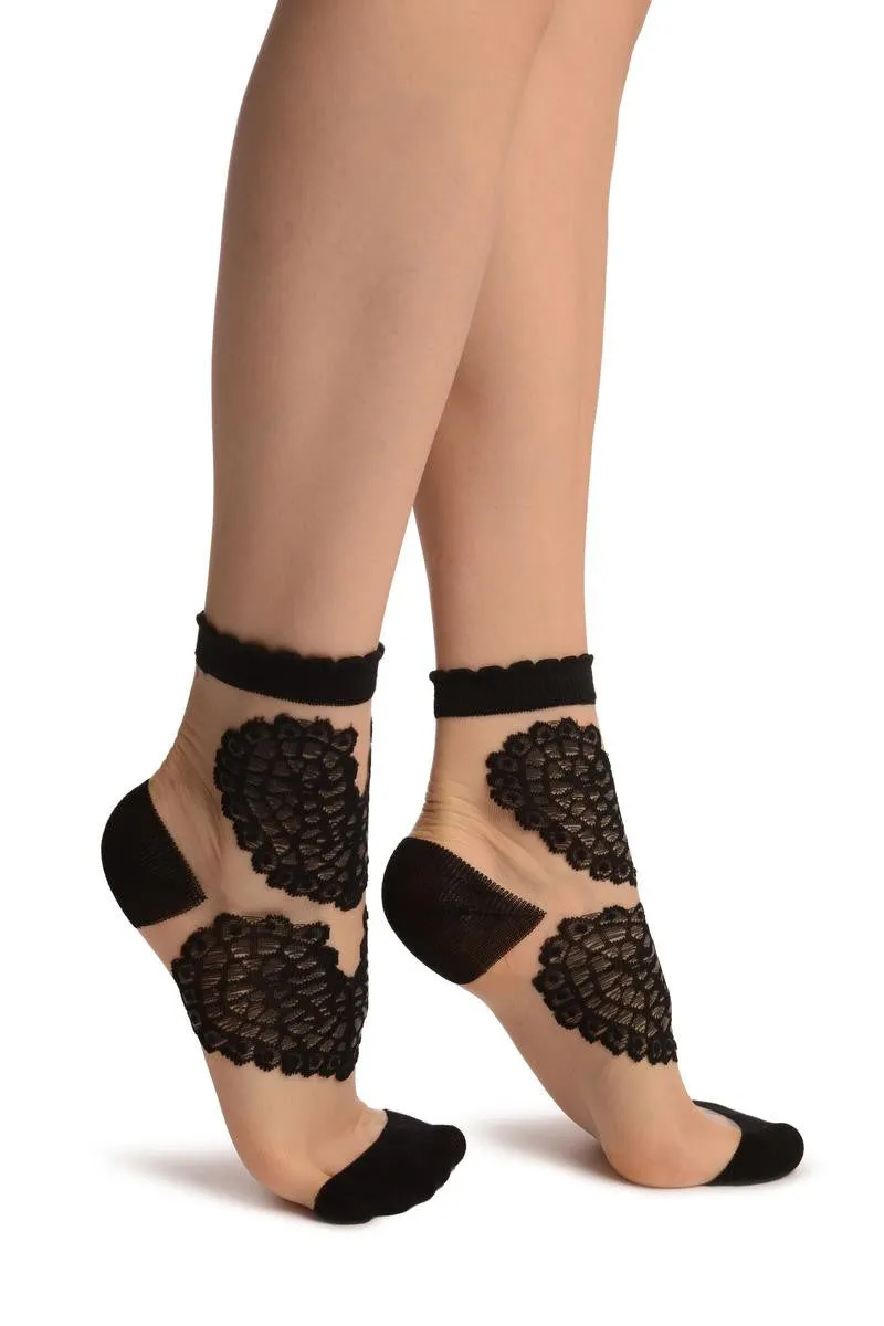 Black Pink Hearts On Invisible Mesh Ankle High Socks