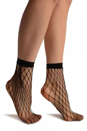 Black Very Large Fishnet With Lace Trim Socks Ankle High