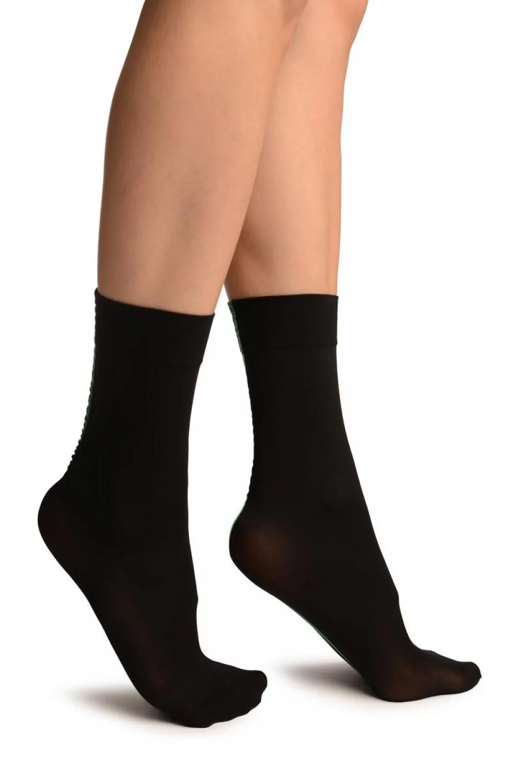 Black With Green Wide Back Seam Ankle High Socks