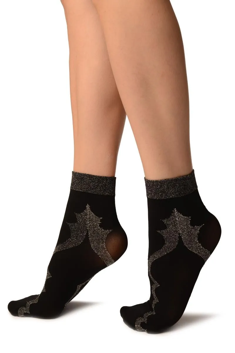 Black With Persian Silver Lurex Pattern Ankle High Socks