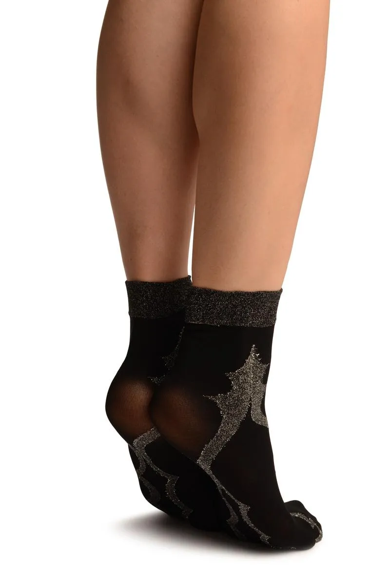 Black With Persian Silver Lurex Pattern Ankle High Socks