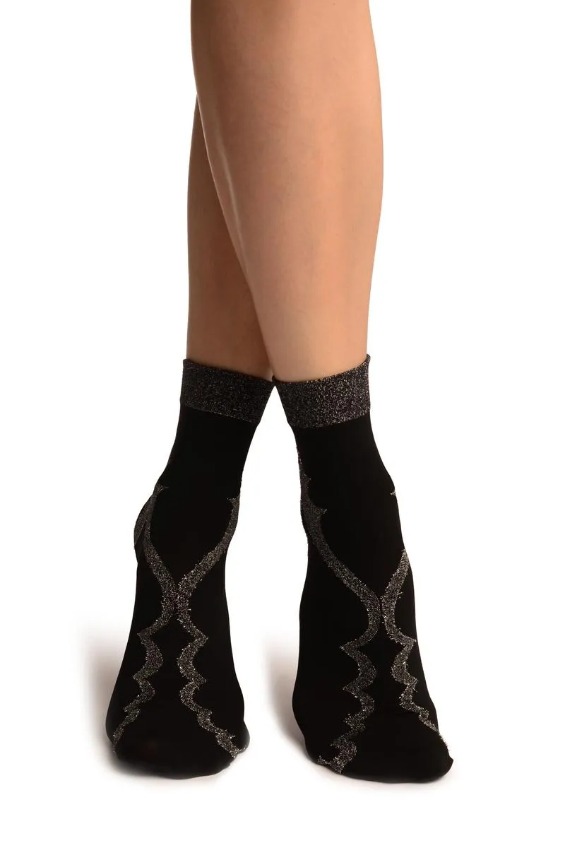 Black With Persian Silver Lurex Pattern Ankle High Socks