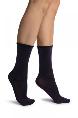 Black With Purple Lurex Comfort Top Ankle High Socks