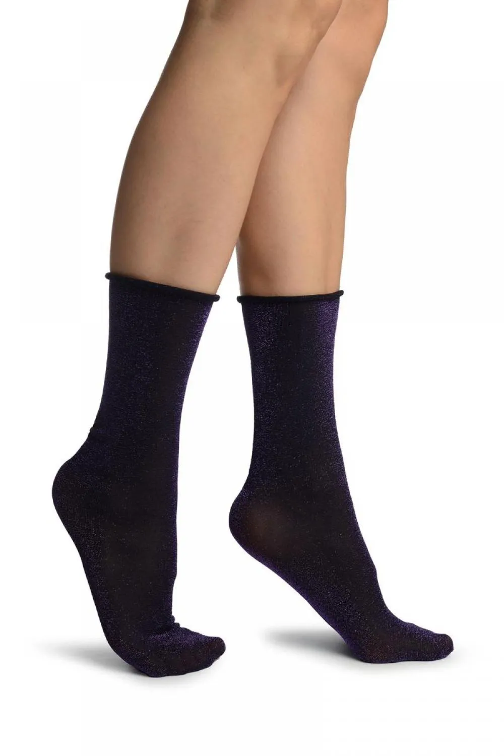 Black With Purple Lurex Comfort Top Ankle High Socks