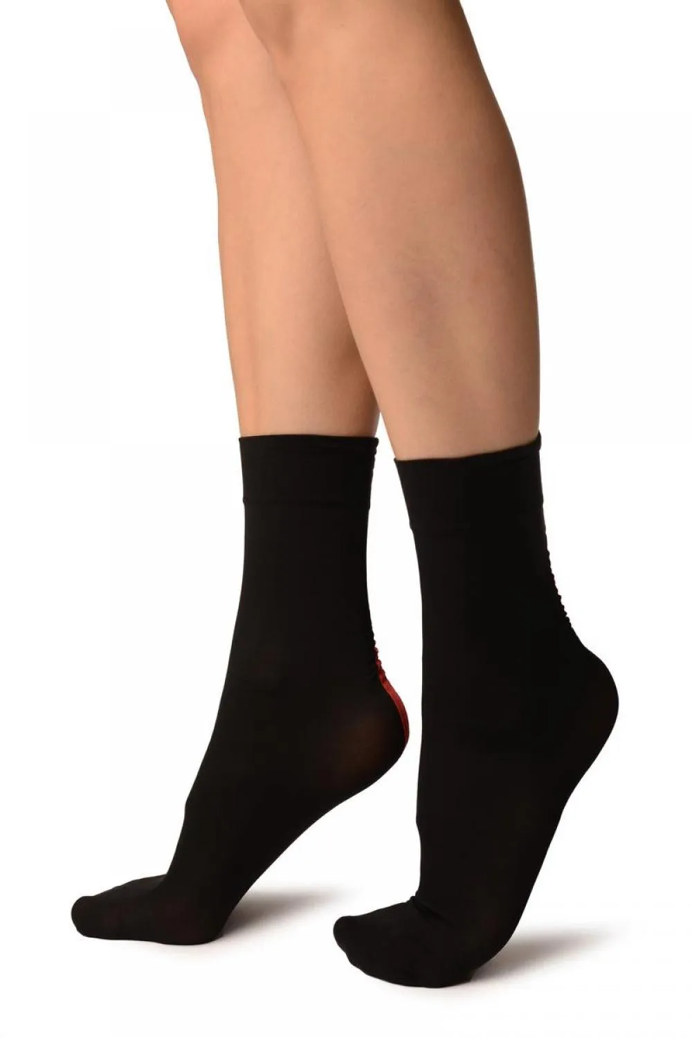 Black With Red Wide Back Seam Ankle High Socks