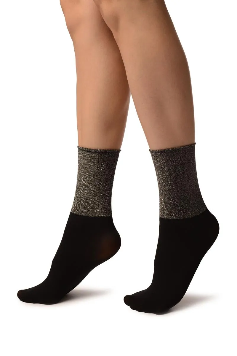 Black With Silver Lurex Wide Stripe Top Ankle High Socks