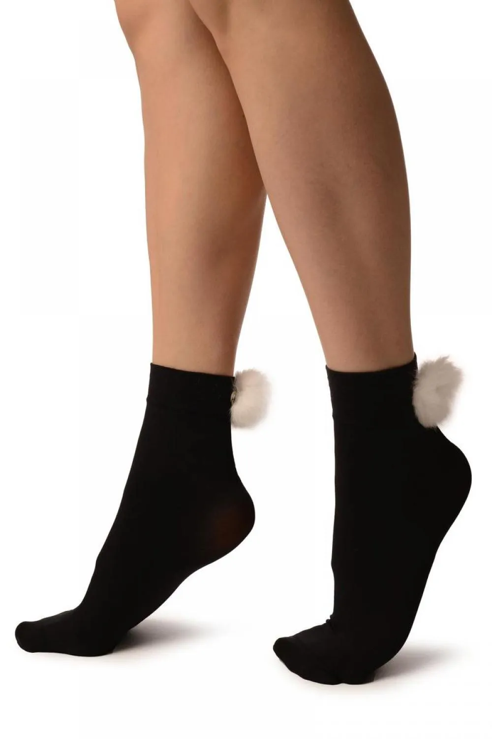 Black With White Pon Pon Rabbit Fur Ankle High Socks