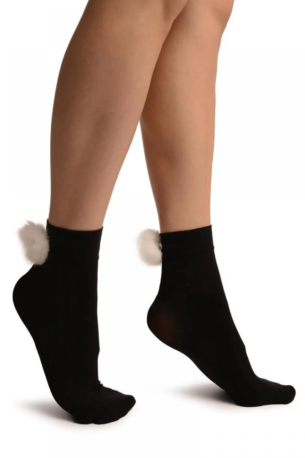 Black With White Pon Pon Rabbit Fur Ankle High Socks