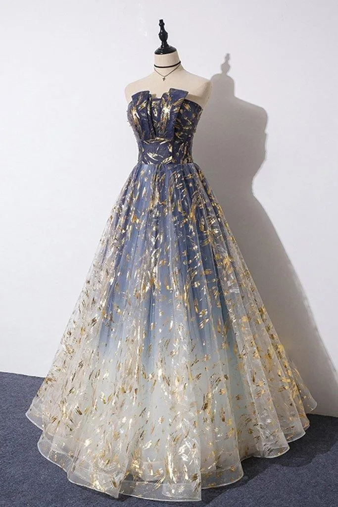 Blue Floral Print Tulle Strapless Long A Line Prom/Formal Dress PSK201