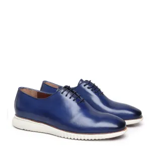 Blue Leather Sneakers With Contrasting White Sole