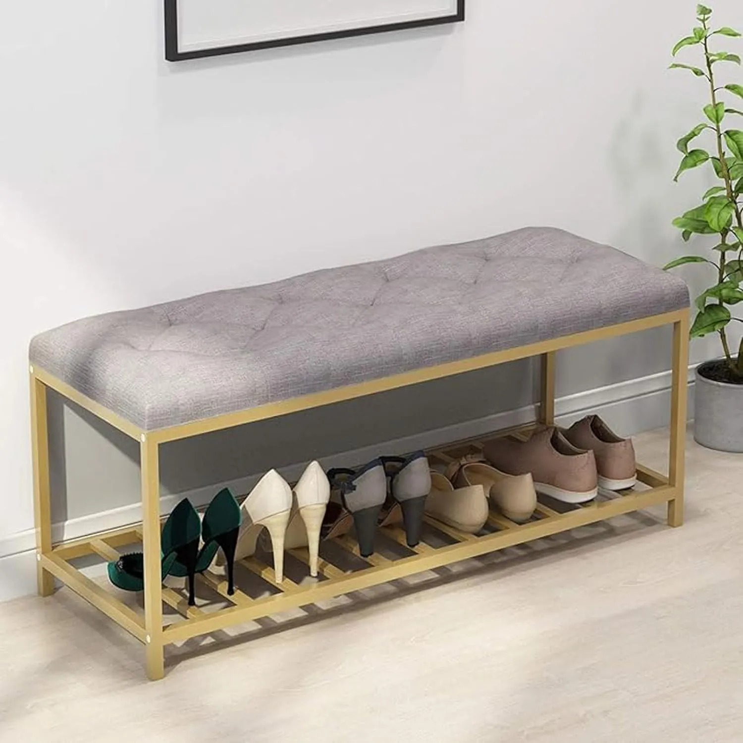 BULKWOOD Shoe Rack Bench Organizer with Mesh Seat for Bedroom Entry Window Mudroom Living Room, 2-Tier Fleece Bench Bench for Entryway [Grey Gold]