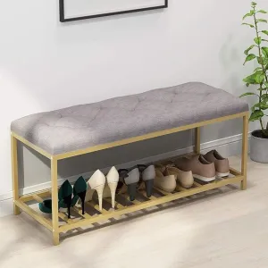 BULKWOOD Shoe Rack Bench Organizer with Mesh Seat for Bedroom Entry Window Mudroom Living Room, 2-Tier Fleece Bench Bench for Entryway [Grey Gold]